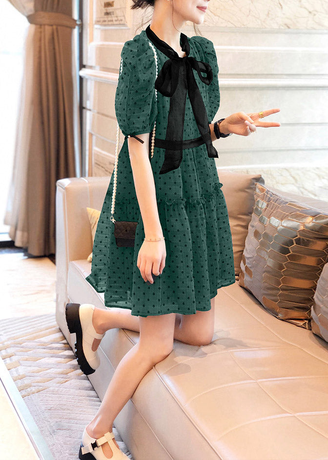 Art Green O-neck Ruffled Dot Patchwork Bow Chiffon Mid Dress Puff Sleeve