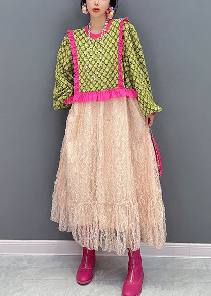 Art Green O-neck Ruffled Patchwork Tulle Maxi Dresses Spring