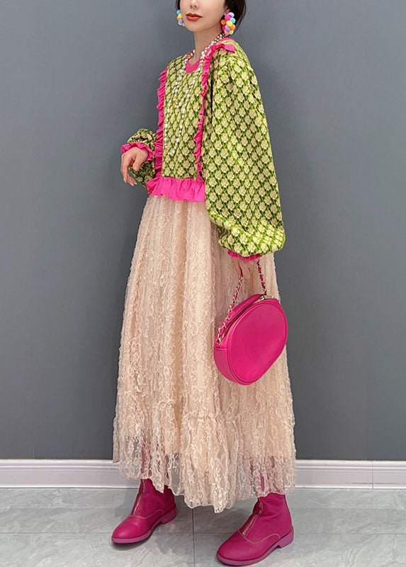 Art Green O-neck Ruffled Patchwork Tulle Maxi Dresses Spring
