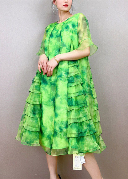 Art Green O-neck Ruffled Patchwork Tulle Mid Dress Summer