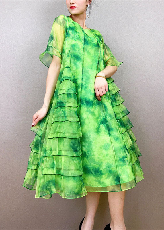Art Green O-neck Ruffled Patchwork Tulle Mid Dress Summer