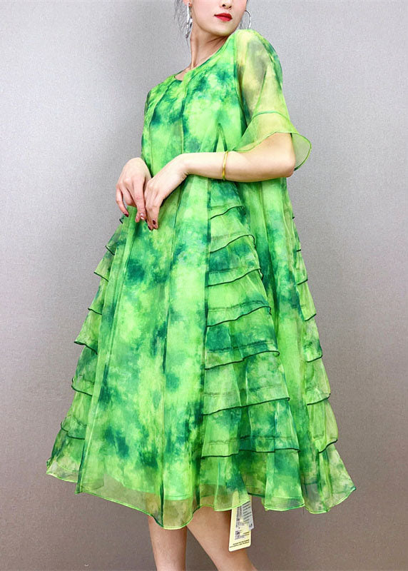 Art Green O-neck Ruffled Patchwork Tulle Mid Dress Summer