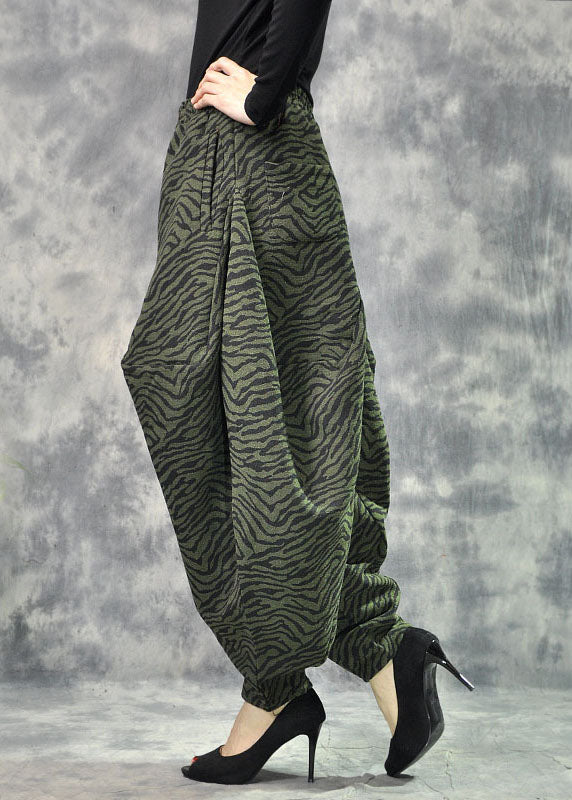 Art Green Pockets Print Lantern Thick Fall Winter Pants