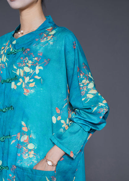 Art Green Print Chinese Button Linen Long Shirts Fall