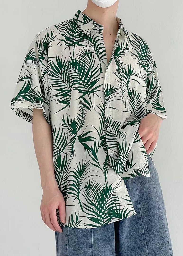Art Green Print Pockets Cotton Shirt Summer