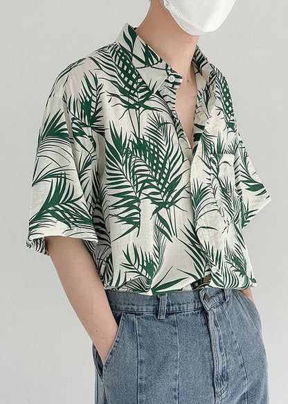 Art Green Print Pockets Cotton Shirt Summer