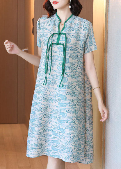 Art Green Print Stand Collar Silk Holiday Dress Short Sleeve