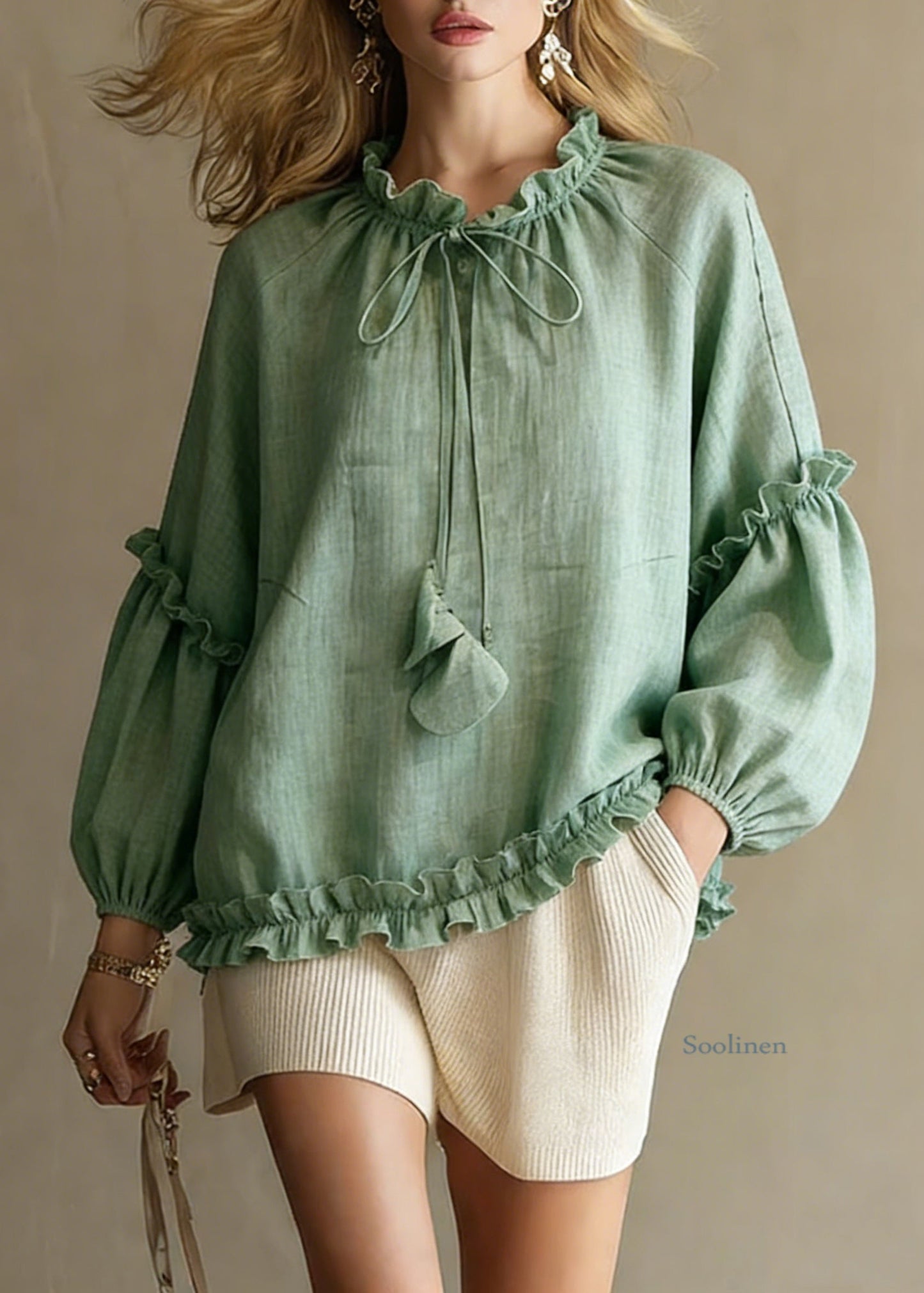 Art Green Ruffled Lace Up Cotton Shirts Spring
