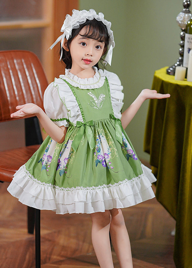 Art Green Ruffled Patchwork Bow Cotton Baby Maxi Dresses Summer