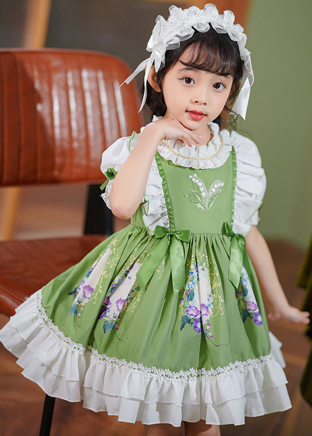 Art Green Ruffled Patchwork Bow Cotton Baby Maxi Dresses Summer
