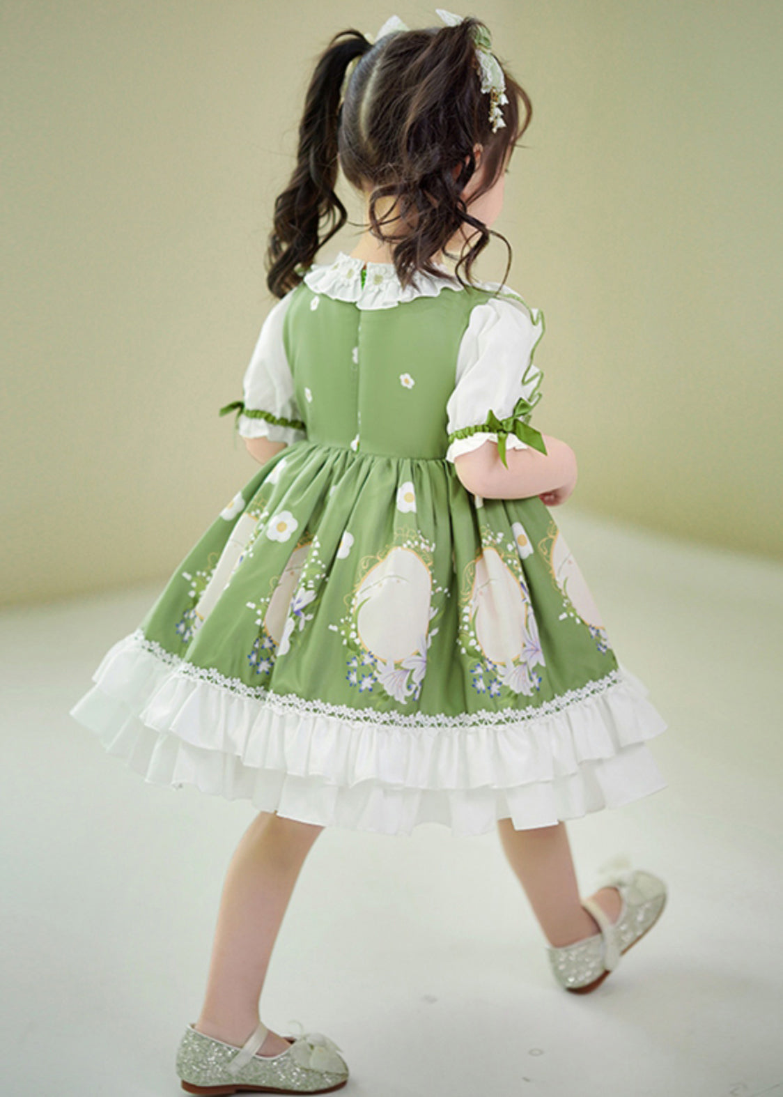 Art Green Ruffled Patchwork Print Cotton Baby Dresses Summer