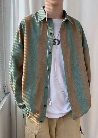 Art Green Striped Button Cotton Men Shirts Peter Pan Collar Spring