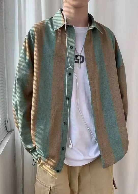 Art Green Striped Button Cotton Shirts Peter Pan Collar Spring