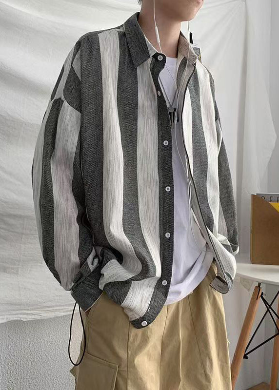 Art Green Striped Button Cotton Men Shirts Peter Pan Collar Spring