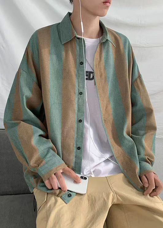 Art Green Striped Button Cotton Men Shirts Peter Pan Collar Spring