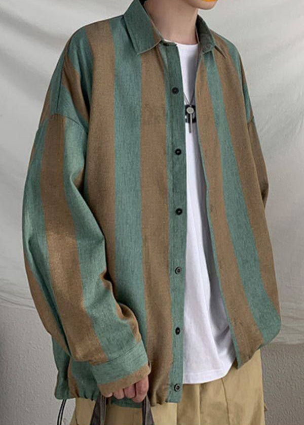 Art Green Striped Button Cotton Men Shirts Peter Pan Collar Spring