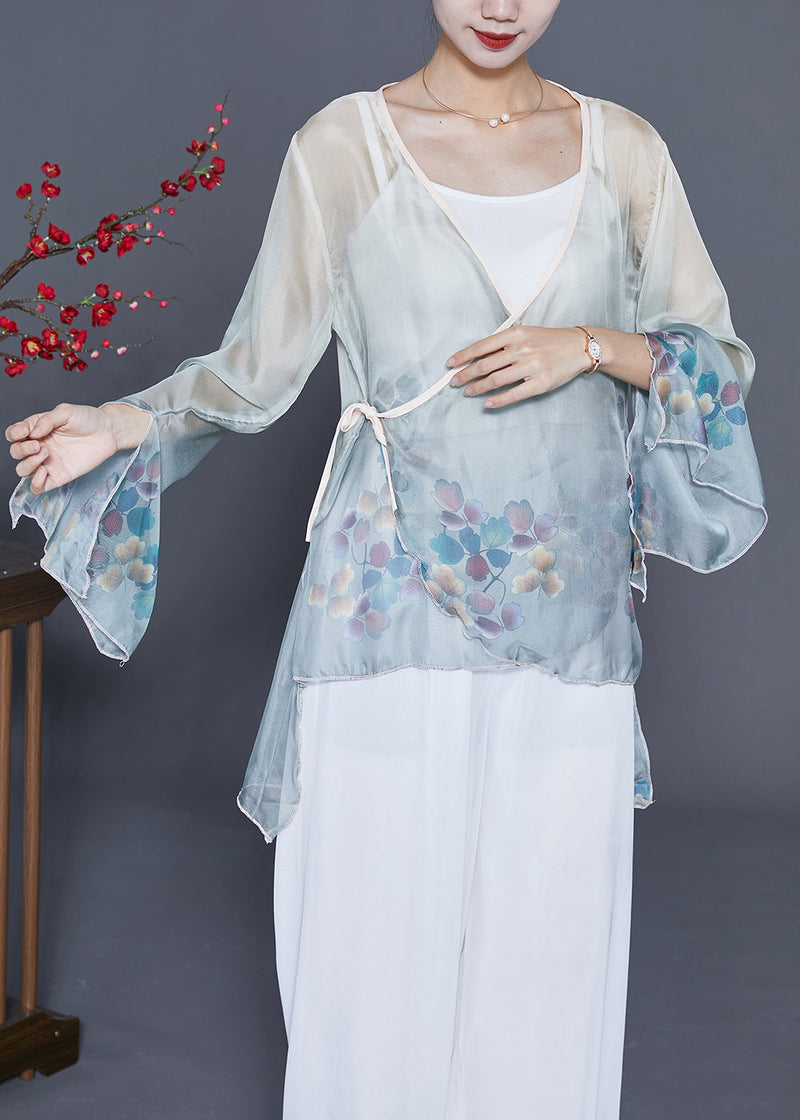 Art Grey Blue Print Lace Up Chiffon Upf 50+ Top Flare Sleeve