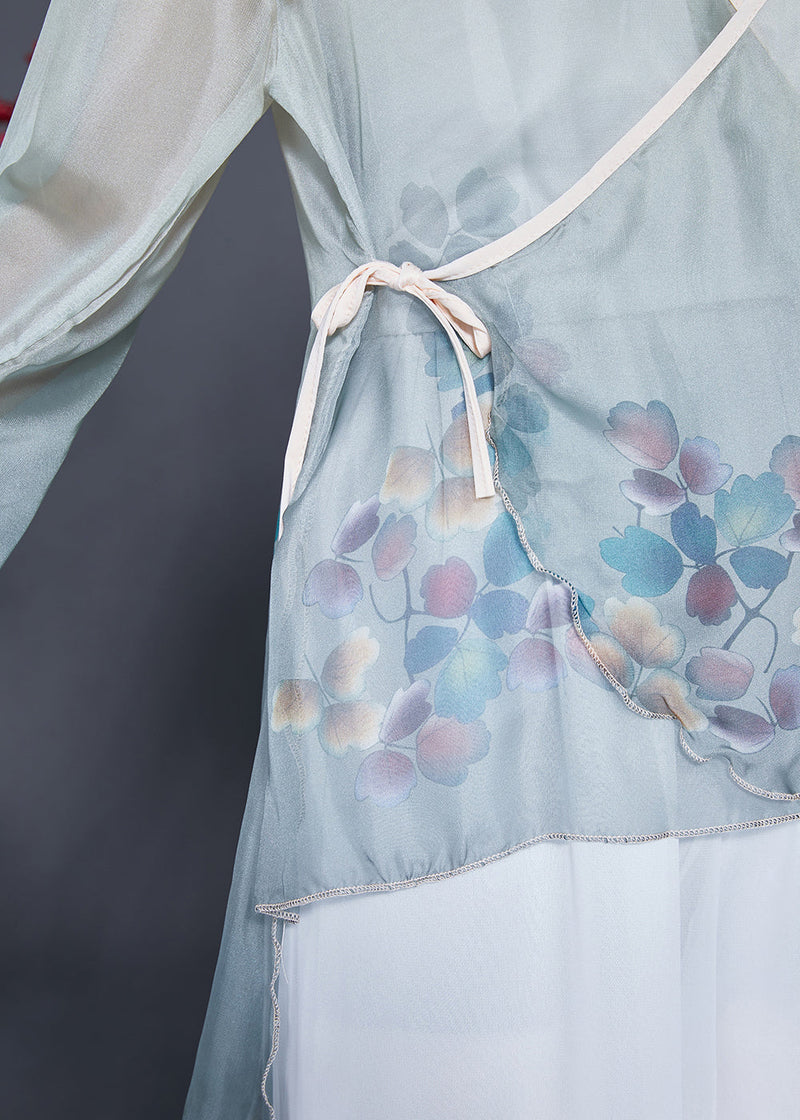 Art Grey Blue Print Lace Up Chiffon Upf 50+ Top Flare Sleeve