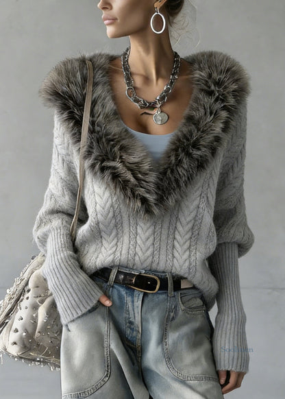 Art Grey Fur Collar Patchwork Cable Knit Sweater Batwing Sleeve