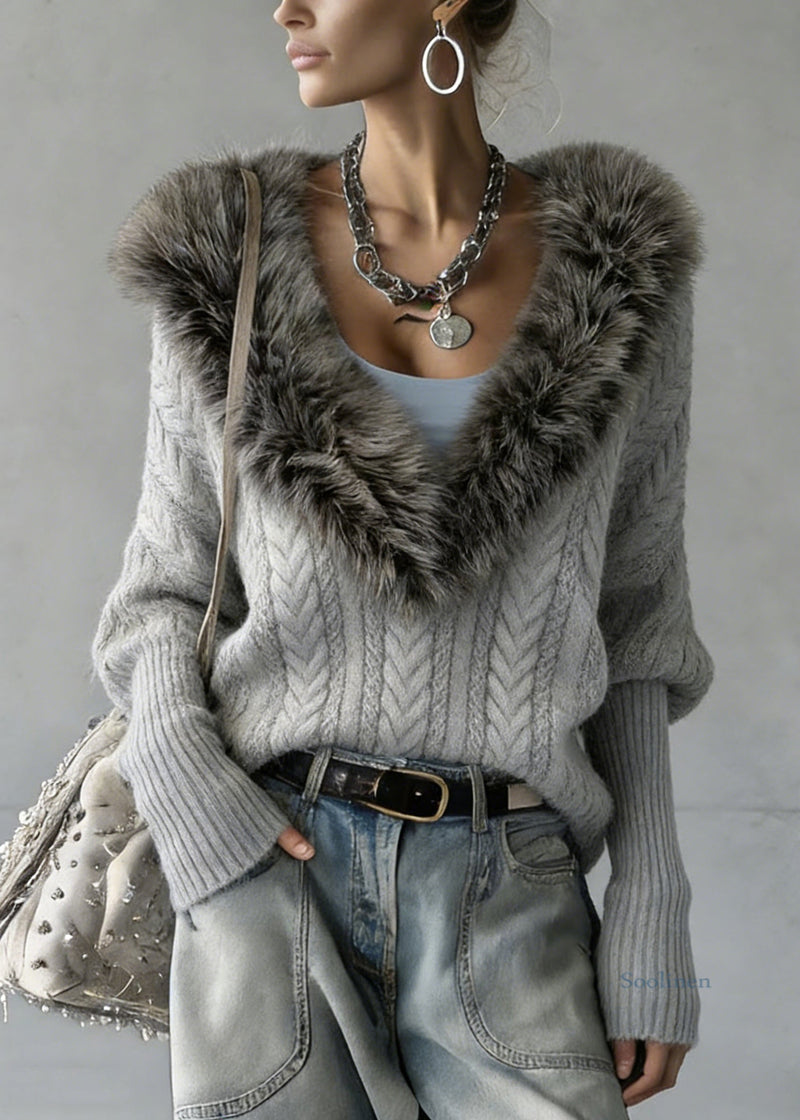 Art Grey Fur Collar Patchwork Cable Knit Sweater Batwing Sleeve