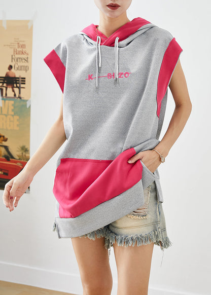 Art Grey Hooded Patchwork Pockets Cotton Pullover Summer