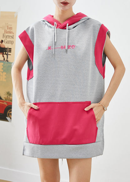 Art Grey Hooded Patchwork Pockets Cotton Pullover Summer