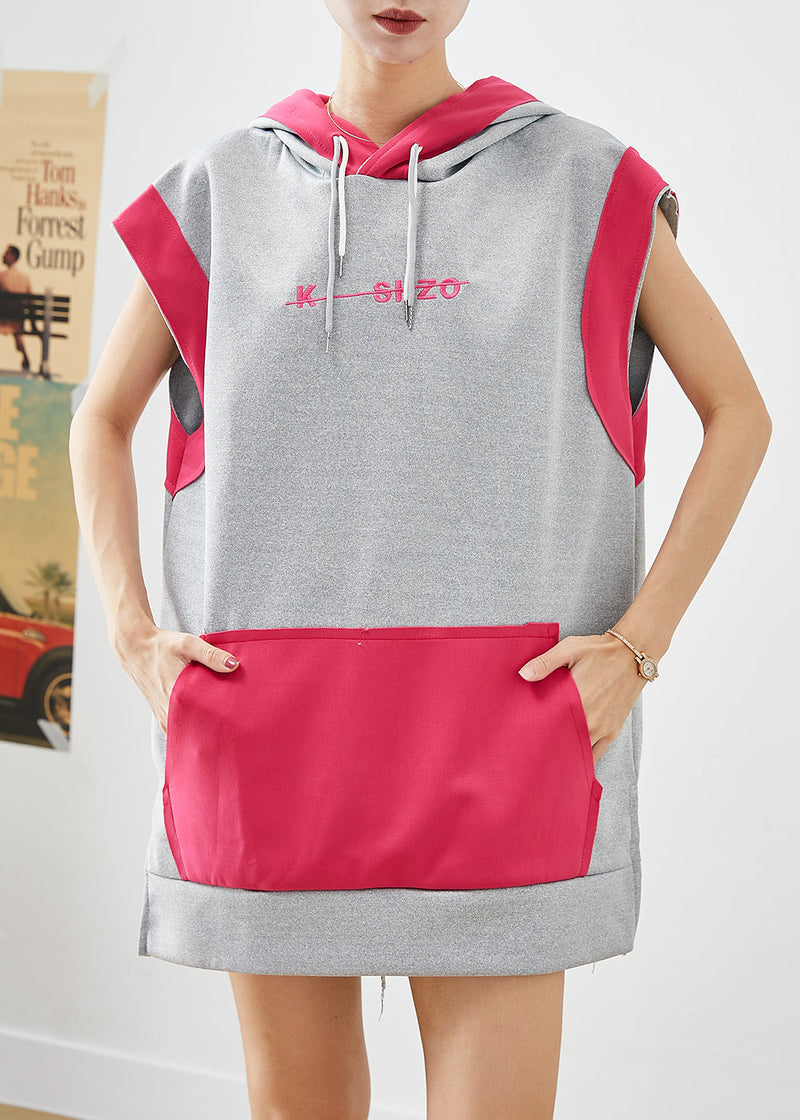 Art Grey Hooded Patchwork Pockets Cotton Pullover Summer