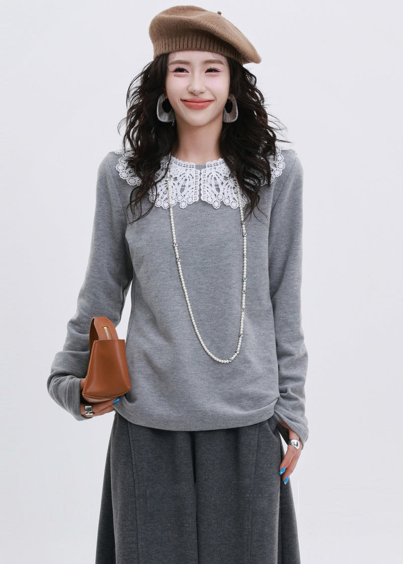 Art Grey O-neck Patchwork Lace Cotton Shirt Spring