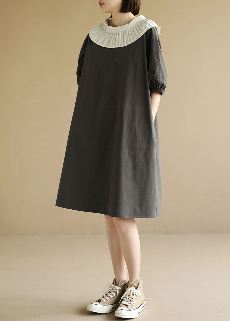 Art Grey O-neck Patchwork Oversized a Line Dress Short Sleeve