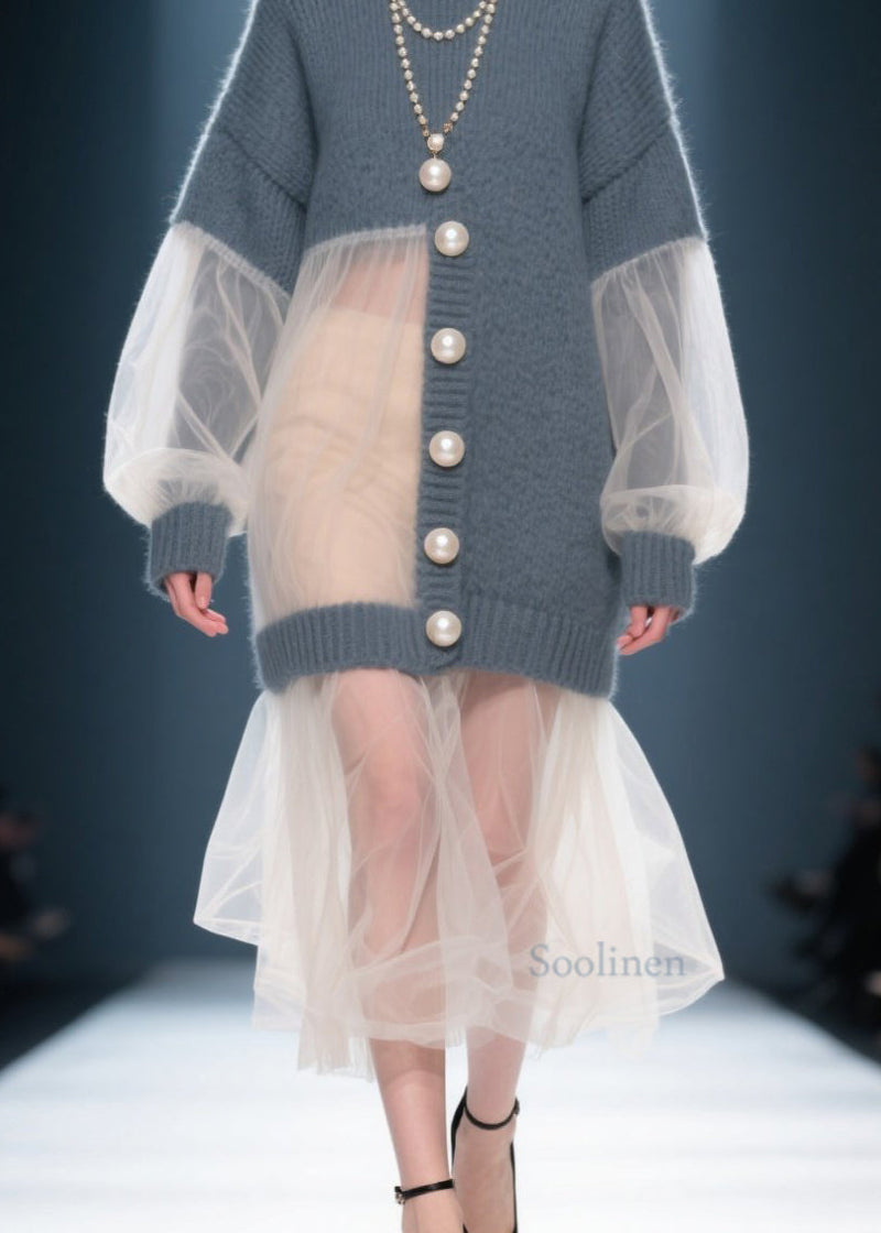 Art Grey O Neck Tulle Patchwork Knit Sweater Dress Fall