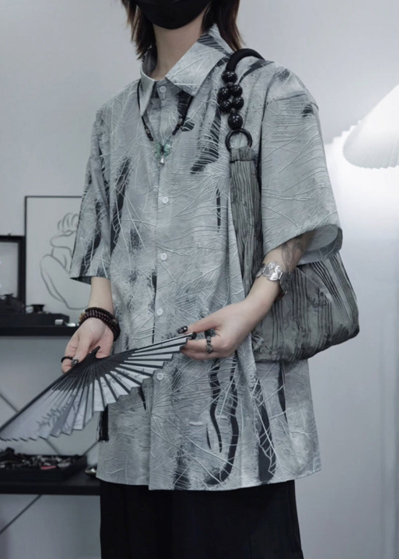 Art Grey Peter Pan Collar Print Cotton Shirt Summer