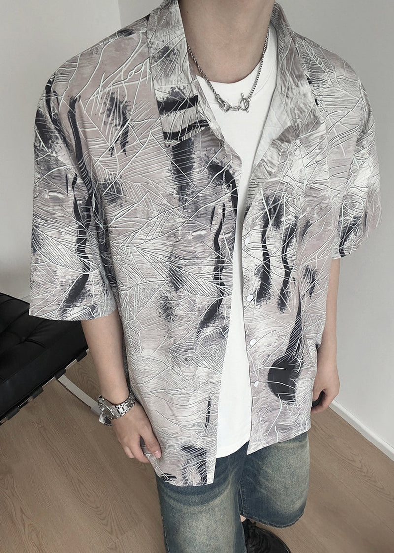 Art Grey Peter Pan Collar Print Cotton Shirt Summer