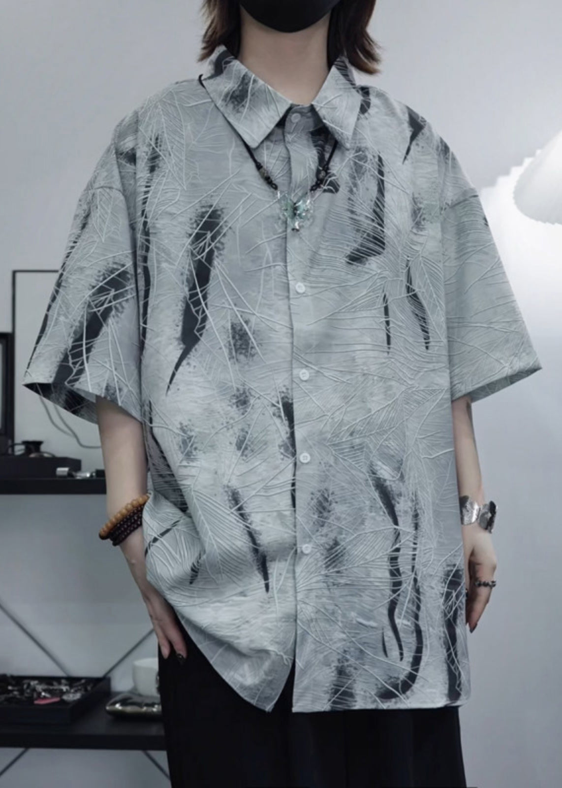 Art Grey Peter Pan Collar Print Cotton Shirt Summer