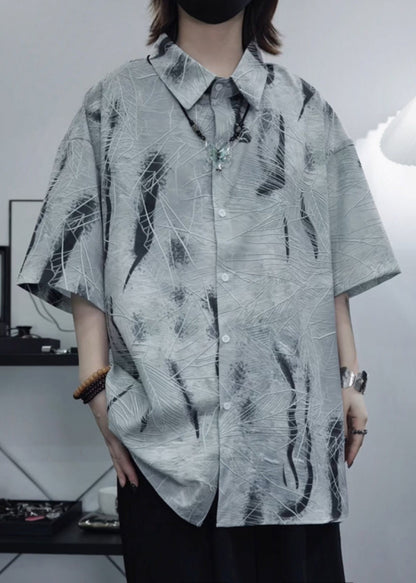Art Grey Peter Pan Collar Print Cotton Shirt Summer