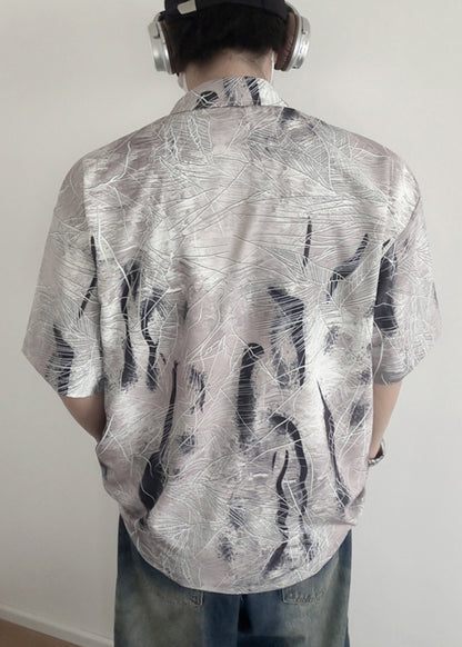 Art Grey Peter Pan Collar Print Cotton Shirt Summer
