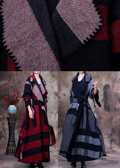 Art Grey Peter Pan Collar Print Plaid Winter Woolen Long Sleeve Trench