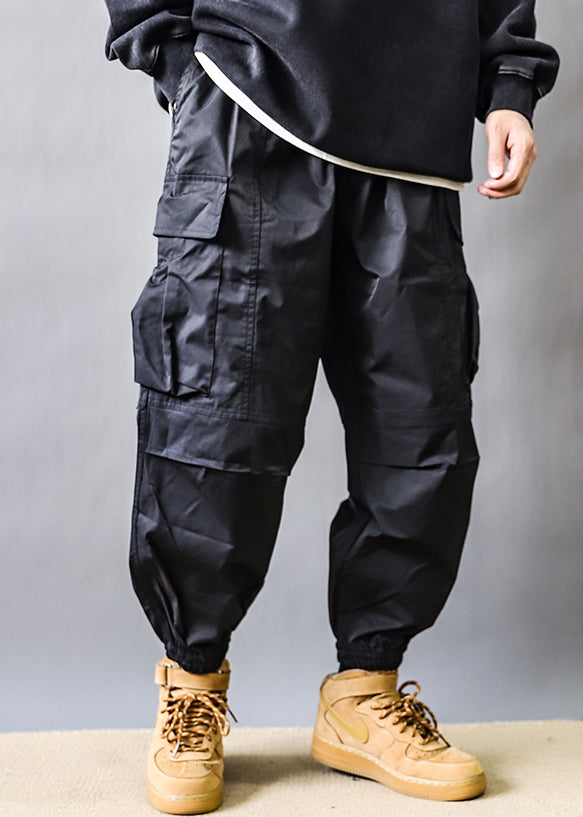 Art Grey Pockets Elastic Waist Cotton Beam Pants Spring