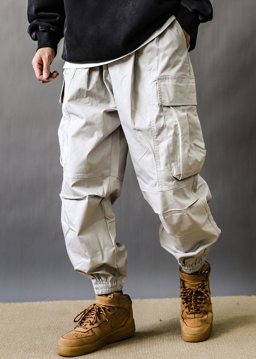 Art Grey Pockets Elastic Waist Cotton Beam Pants Spring