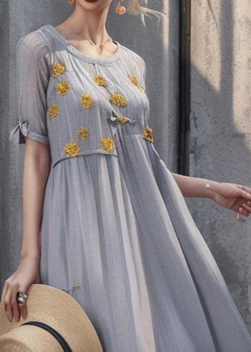 Art Grey Print Silk Long Dresses Summer