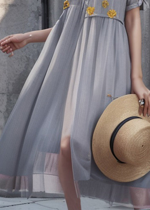 Art Grey Print Silk Long Dresses Summer