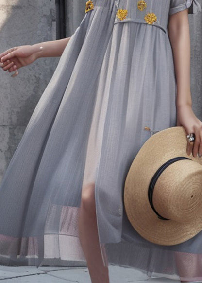 Art Grey Print Silk Long Dresses Summer