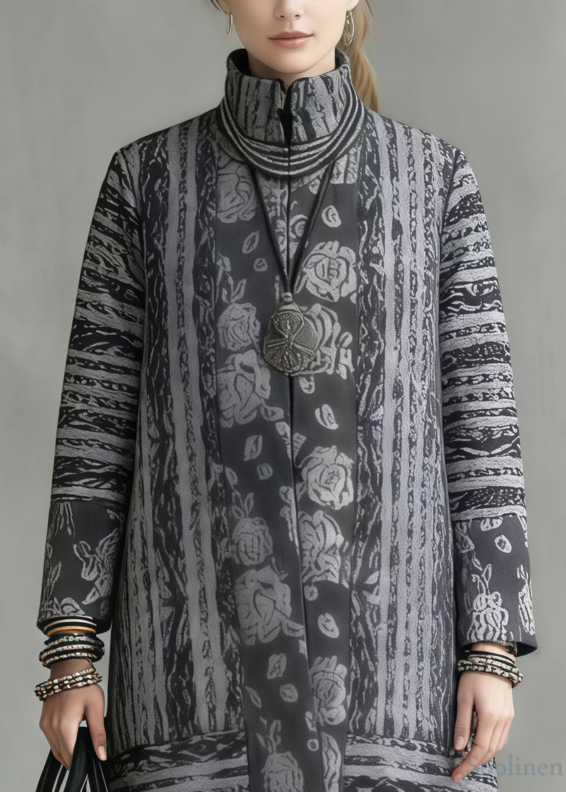 Art Grey Stand Collar Print Fine Cotton Filled Winter Coats