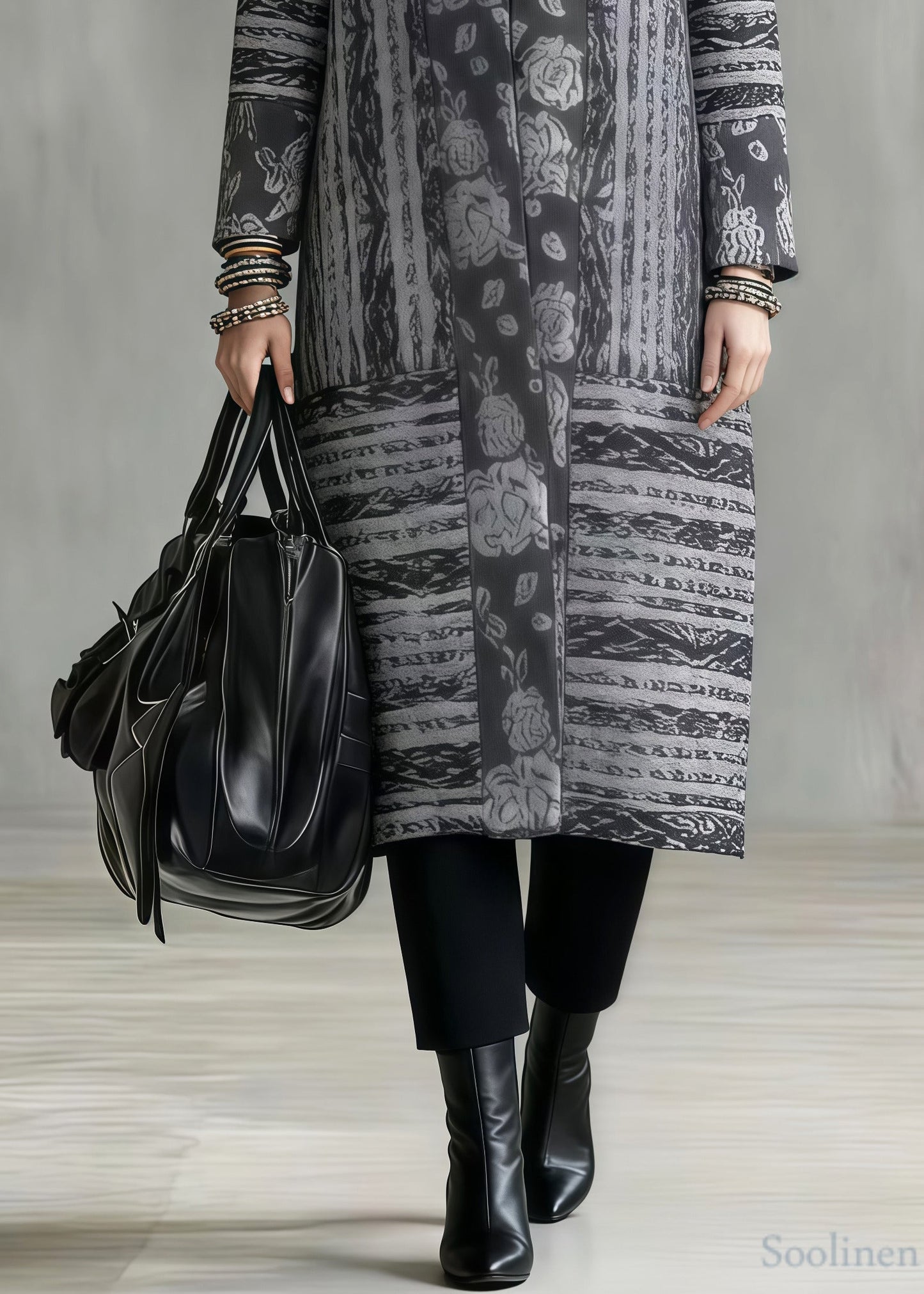 Art Grey Stand Collar Print Fine Cotton Filled Winter Coats