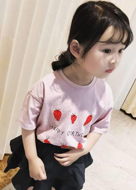 Art Grey Strawberry Print Kids Tops Short Sleeve