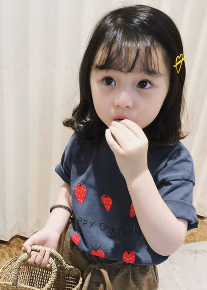 Art Grey Strawberry Print Kids Tops Short Sleeve