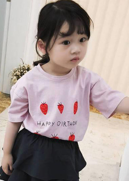 Art Grey Strawberry Print Kids Tops Short Sleeve