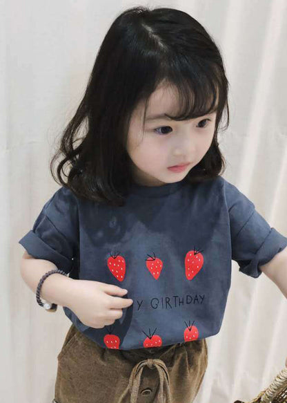 Art Grey Strawberry Print Kids Tops Short Sleeve