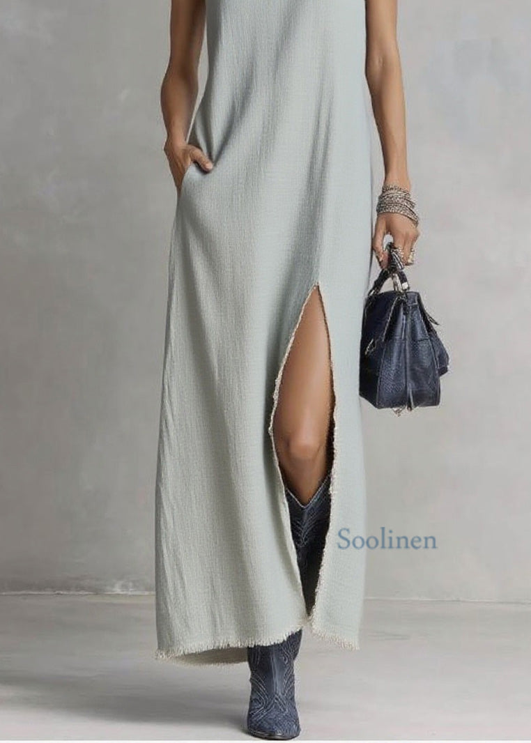 Art Grey V Neck Side Open Cotton Long Dress Sleeveless