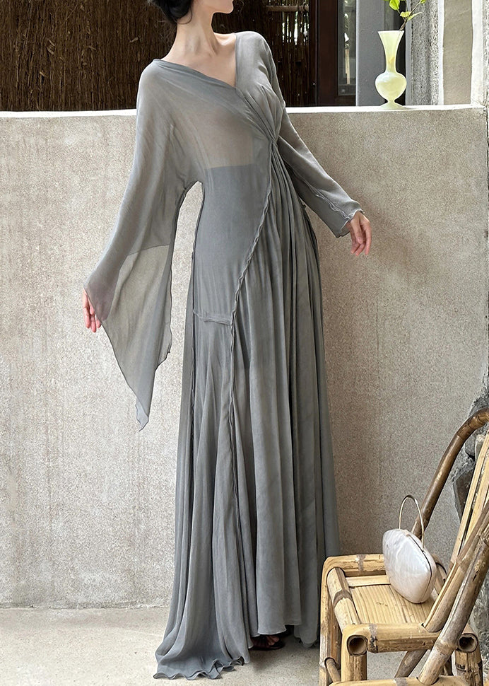 Art Gray Flowers V Neck Wrinkled Cotton Maxi Dresses Long Sleeve