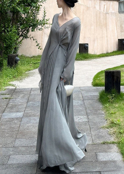 Art Gray Flowers V Neck Wrinkled Cotton Maxi Dresses Long Sleeve